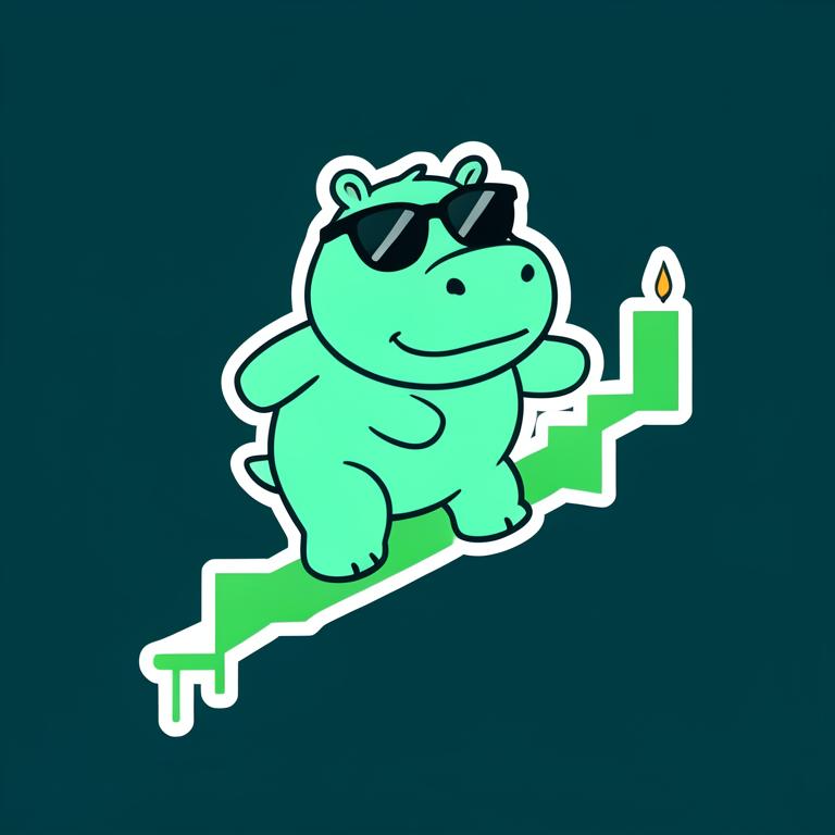 Mint hippo in sunglasses surfing a green candlestick chart