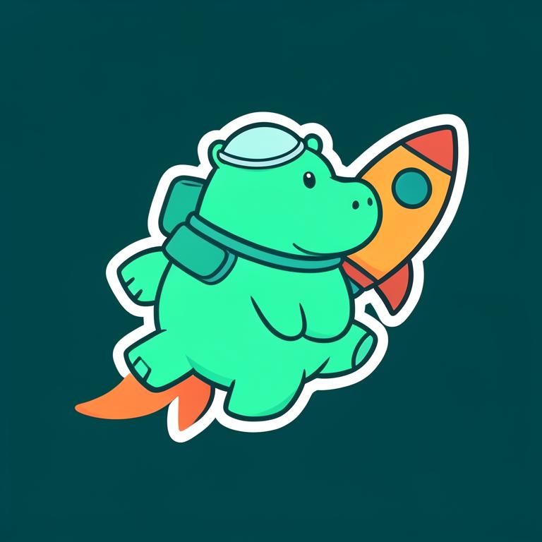 Mint hippo astronaut floating beside a rocket